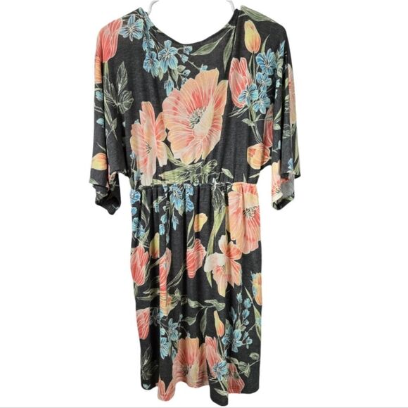 Oddi NWT Gray Floral Jersey Knit Dress Surplice Kimono Sleeve Soft Comfy Casual - Picture 5 of 15
